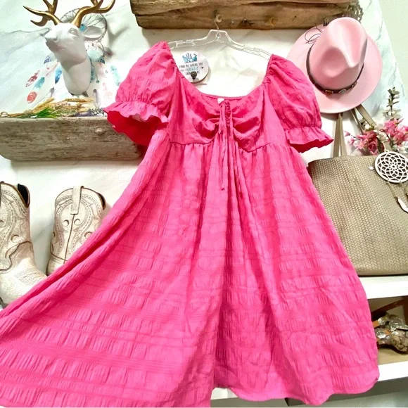 Barbiecore w Puff sleeves boho pink dress with doll shabby chic vibe - Picture 5 of 13